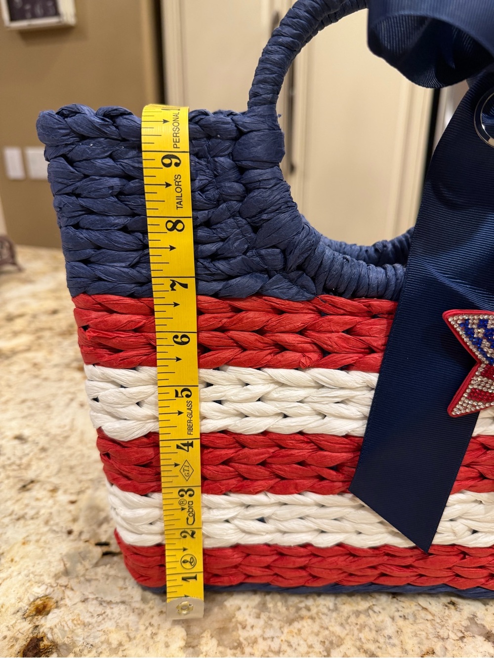 Alessia Red, White & Blue Woven Tote Bag w/Navy Bow & Rhinestone star bag charm - Picture 5 of 6